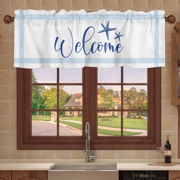 Kitchen Valances for Window, Welcome Words Blue Stripe Light Filtering Rod Pocket Valance Curtain, Marine Life Starfish Short Curtains Window Topper for Bedroom 42x12in