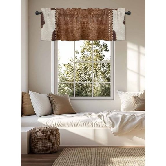 Kitchen Valances for Window, Western Cow Leather Texture Light Filtering Rod Pocket Valance Curtain, Abstract Brown White Cow Print &nbsp;Short Curtains Window Topper for Bedroom Living Room 54x18in