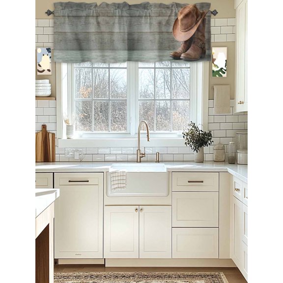 Kitchen Valances for Window, Western Cowboy Boots Hat Light Filtering Rod Pocket Valance Curtain, Farm Wooden Plank Short Curtains Window Topper for Bedroom Bathroom Living Room 42x12in