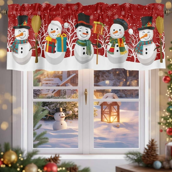 Kitchen Valances for Window, Winter Funny Snowman Light Filtering Rod Pocket Valance Curtain, Christmas Snowflakes on Red &nbsp;Short Curtains Window Topper for Bedroom Bathroom Living Room 42x12in