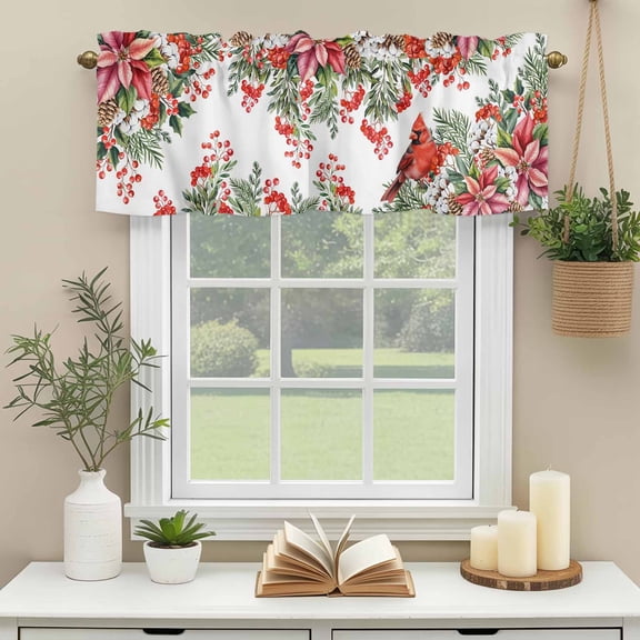 Kitchen Valances for Window, Winter Red Cardinal Poinsettia Berry Light Filtering Rod Pocket Valance Curtain, Christmas Botanical Bird Short Curtains Window Topper for Bedroom Living Room 54x18in