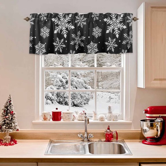 Kitchen Valances for Window, Winter Snowflakes on Black Light Filtering Rod Pocket Valance Curtain, Christmas Art Short Curtains Window Topper for Bedroom Bathroom Living Room 54x18in