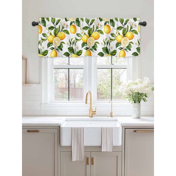 Kitchen Valances for Window, Yellow Lemon Green Leaves Watercolor Light Filtering Rod Pocket Valance Curtain, Summer Farm Fruit Harvest Short Curtains Window Topper for Bedroom 42x12in