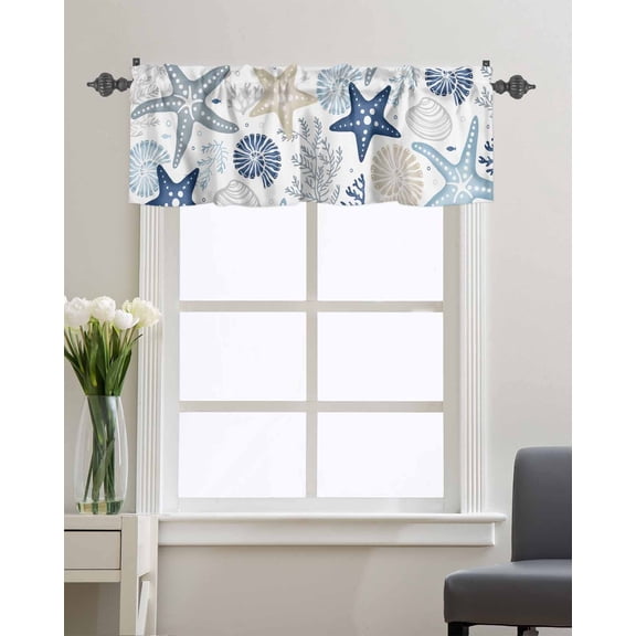 Kitchen Valances for Windows,Coastal Starfish Nautical Coral Shell Valance Curtain Rod Pocket Drape Window Valance,Summer Ocean Beach Sealife Short Curtains Window Topper for Bedroom Bathroom 42x12in