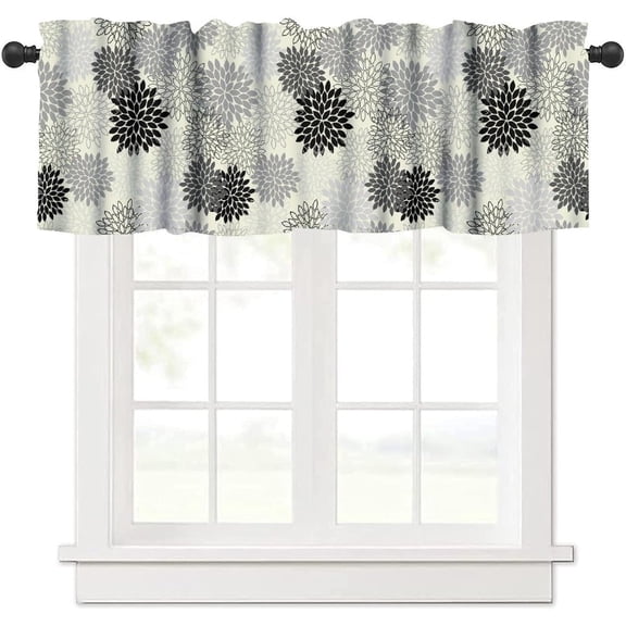 Kitchen Valances for Windows Black Gray Floral Farmhouse Rod Pocket Small Valance Treatments for Living Room Bedroom Bathroom,54" x 18"