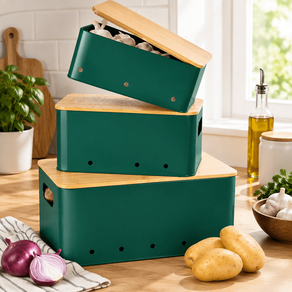 Kitchen Vegetable Storage Set of 3, Metal Onion Garlic Potato Storage Set, Kitchen Canisters Vegetable Keeper Containers with Aerating Holes and Bamboo Lid, Alpine Green