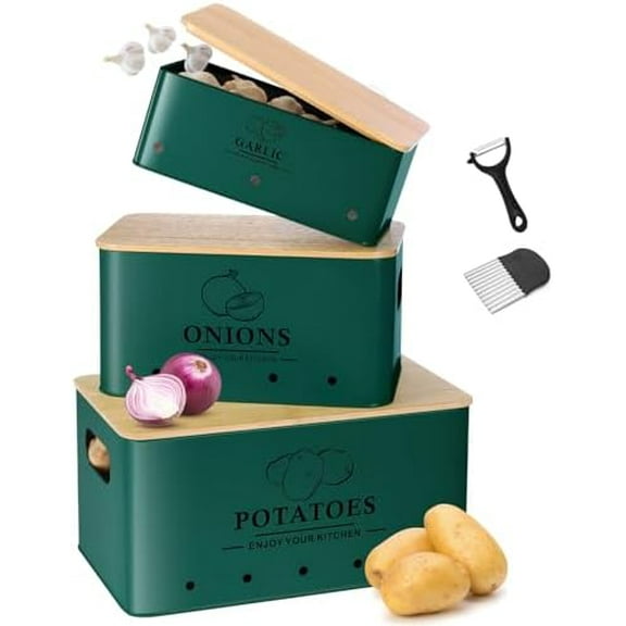 Kitchen Vegetable Storage Set of 3, Metal Onion Garlic Potato Storage Set, Kitchen Canisters Vegetable Keeper Containers with Aerating Holes and Wooden Lid (Alpine Green)