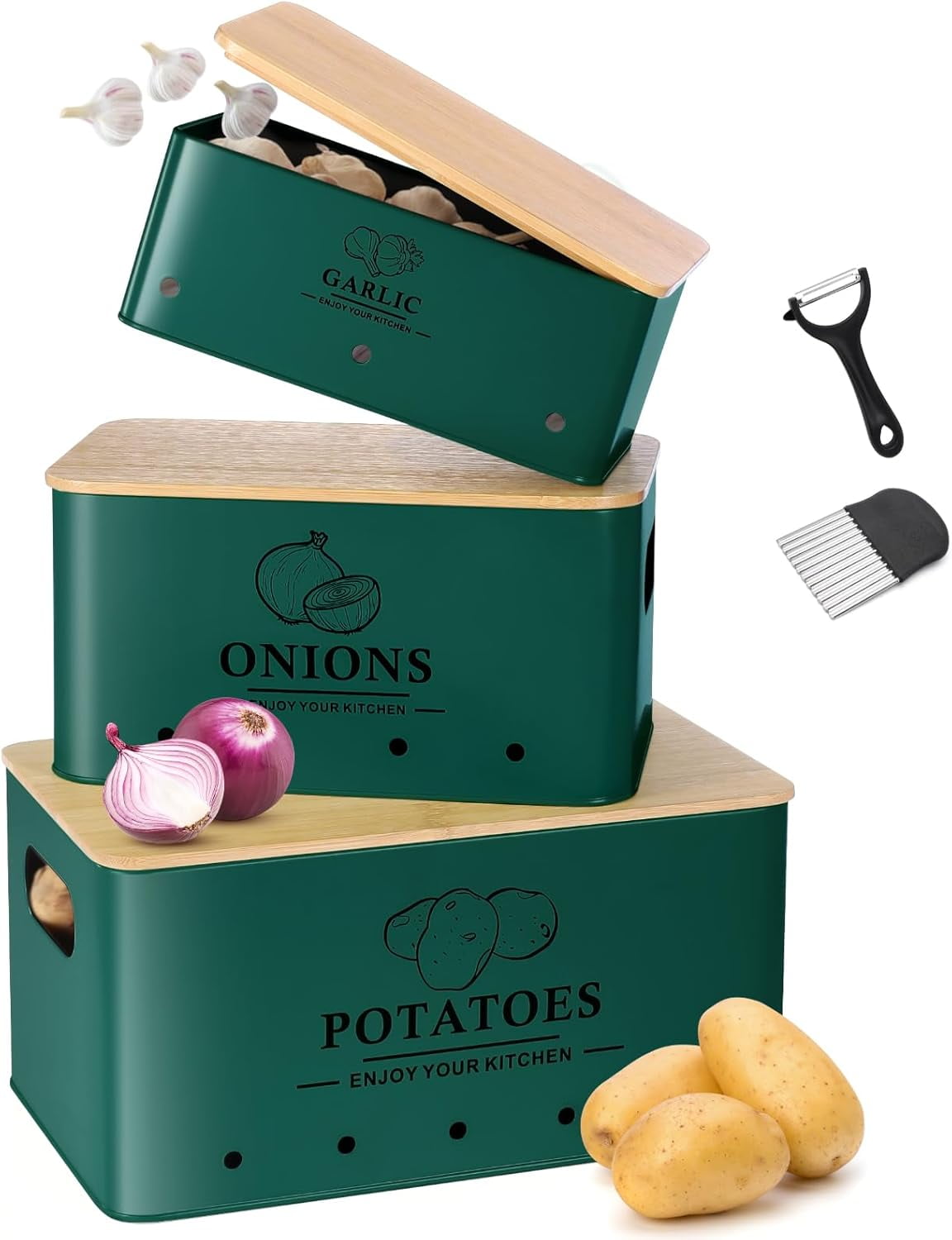 Mowhut Potato And Onion Storage Bins Set - Metal Containers With Aerating Holes & Bamboo Lids, Farmhouse Kitchen Decor, Vegetable Organizer For Pantry, Countertop (Black)