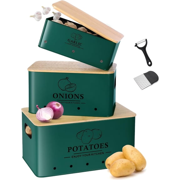 Metal Vegetable Storage Set of 3 Rectangular Canisters with Aeration Holes and Bamboo Lids