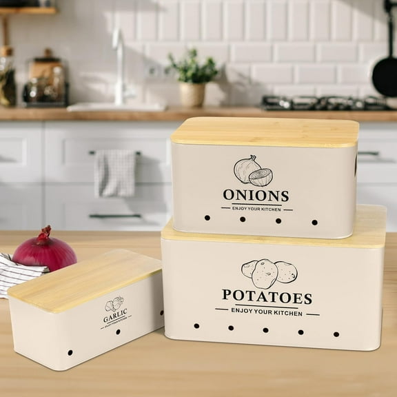 Kitchen Vegetable Storage Set of 3, Metal Onion Garlic Potato Storage Set, Kitchen Canisters Vegetable Keeper Containers with Aerating Holes and Wooden Lid (Beige)