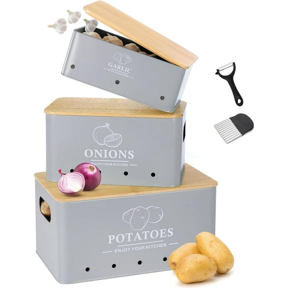 Kitchen Vegetable Storage Set of 3, Metal Onion Garlic Potato Storage Set, Kitchen Canisters Vegetable Keeper Containers with Aerating Holes and Wooden Lid (Grey)