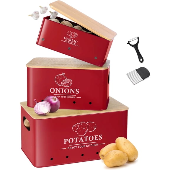 Kitchen Vegetable Storage Set of 3, Metal Onion Garlic Potato Storage Set, Kitchen Canisters Vegetable Keeper Containers with Aerating Holes and Wooden Lid (Red)