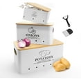 thumbnail image 1 of Kitchen Vegetable Storage Set of 3, Metal Onion Garlic Potato Storage Set, Kitchen Canisters Vegetable Keeper Containers with Aerating Holes and Wooden Lid (White), 1 of 7