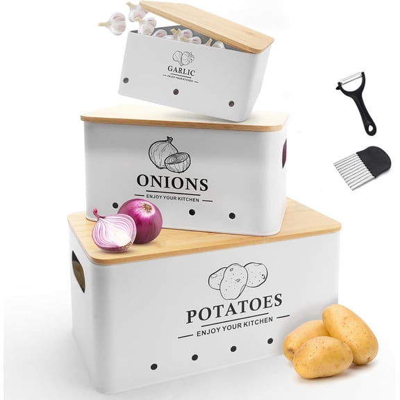 Kitchen Vegetable Storage Set of 3, Metal Onion Garlic Potato Storage Set, Kitchen Canisters Vegetable Keeper Containers with Aerating Holes and Bamboo Lid,White