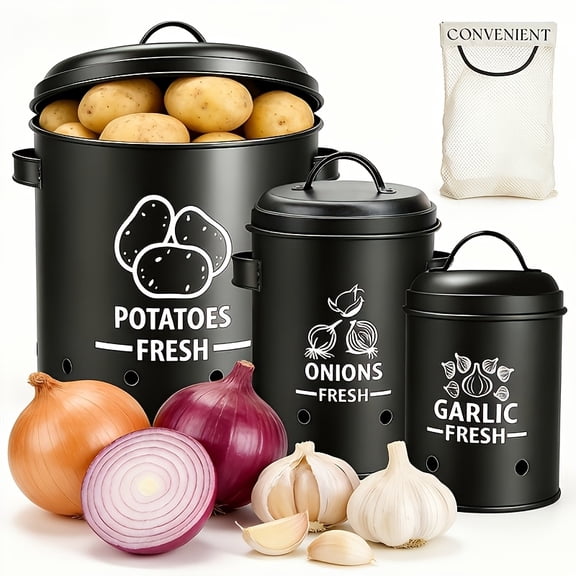 Kitchen Vegetable Storage Set of 3 with Lids, Potato Onion Garlic Fresh-Keeper Jars