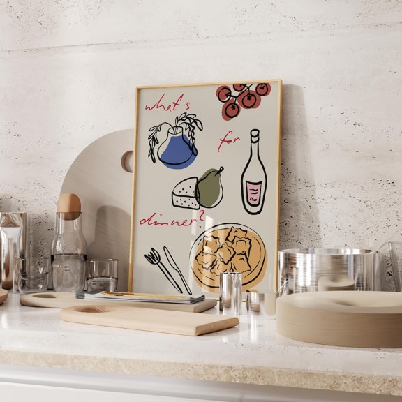 Kitchen Wall Art Abstract Print Quirky Art Print What's for Dinner Poster Minimalist Dining Room Art Trendy Apartment Decor Contemporary, Stretched Canvas 8x10in