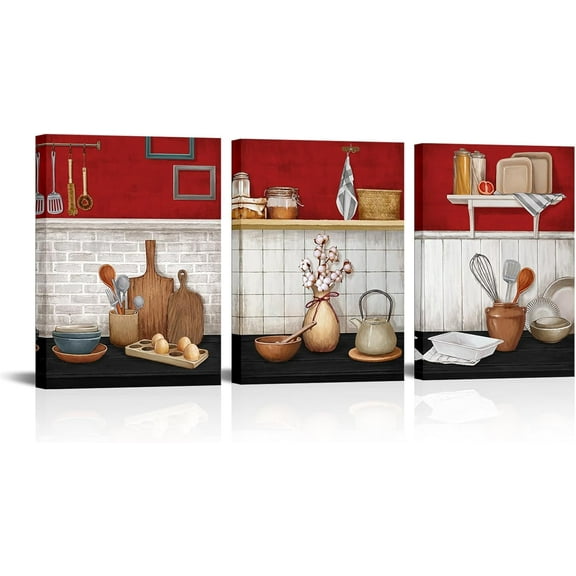 Kitchen Wall Art Black and Red Kitchen Painting Picture Dining Room Decor Framed Ready to Hang, 12x16inchx3 (Red)