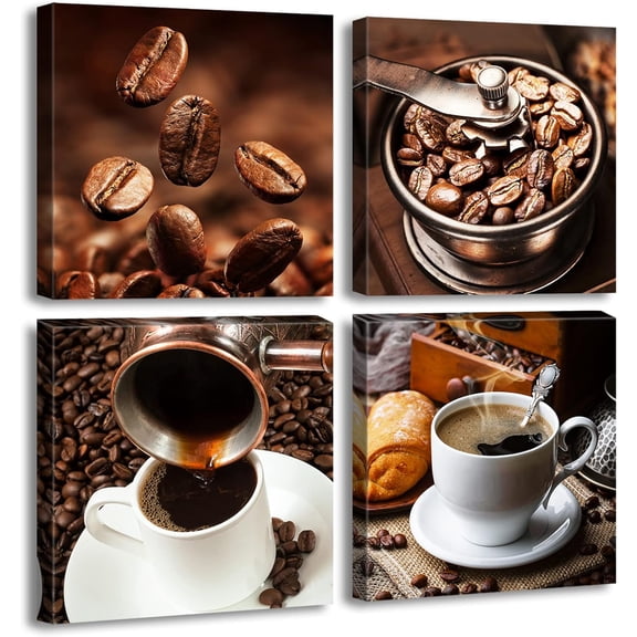 Kitchen Wall Art Coffee Decor Canvas Prints Coffee Cup Latte Mocha Cafe Drinking Pictures Brown 4 Panel Modern Artwork for Dining Room Restaurant Bar Decorations 12"Wx12"Hx4 Framed Ready to Hang