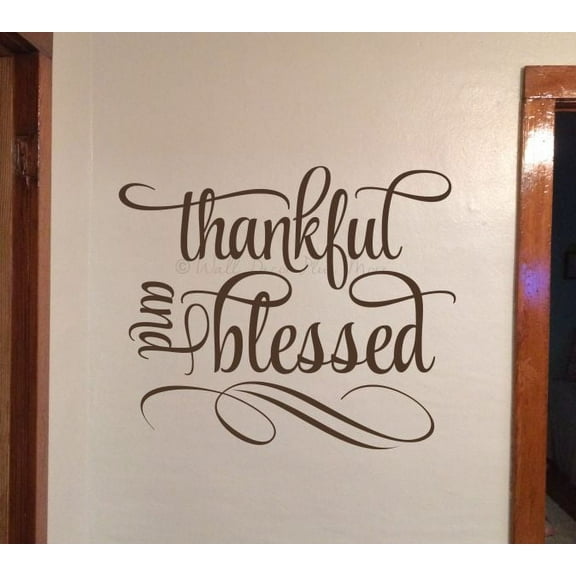 Kitchen Wall Art Decal Thankful Blessed Cursive Word Quote Swirls Wall Stickers 23x19-Inch Chocolate Brown