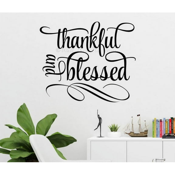 Kitchen Wall Art Decal Thankful Blessed Cursive Word Quote Swirls Wall Stickers 28x23-Inch Black