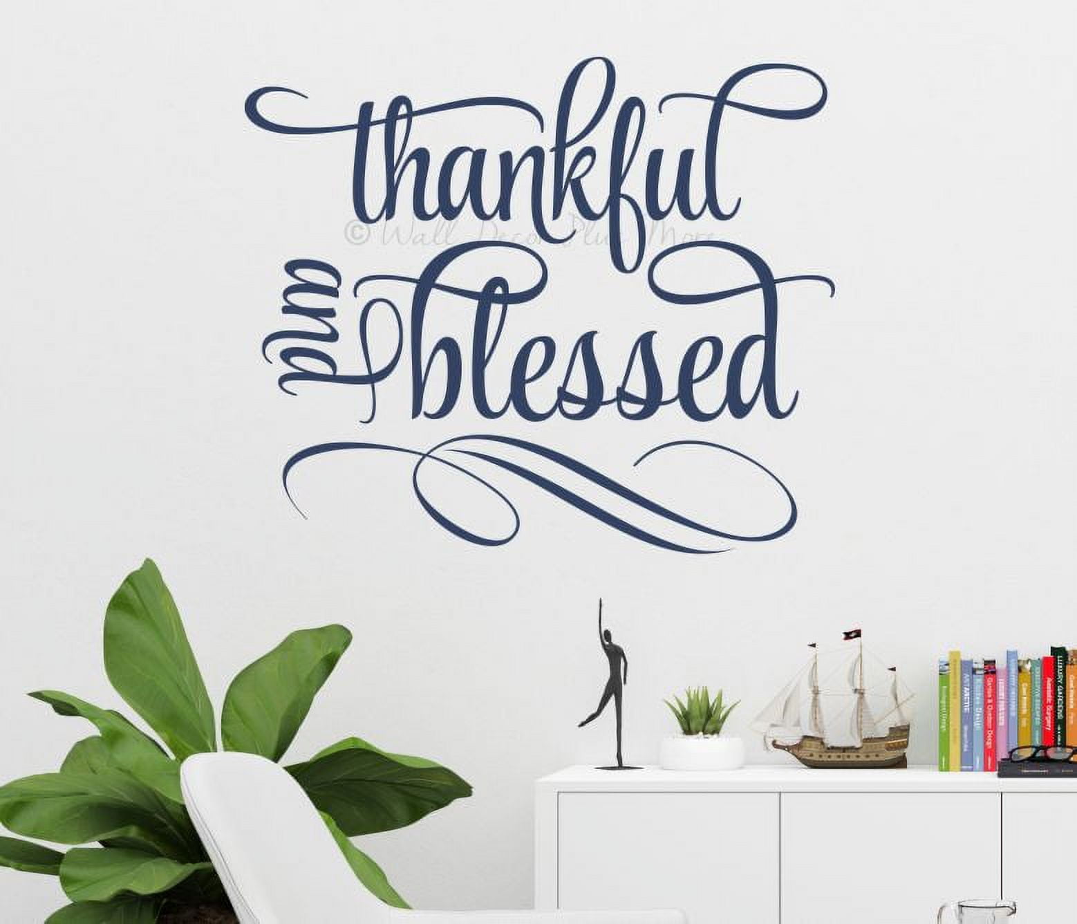 Kitchen Wall Art Decal Thankful Blessed Cursive Word Quote Swirls Wall Stickers 28x23-Inch Deep Blue