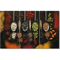Kitchen Wall Art Decor - Bright Colorful Multi-Colored Spices For Cooking Sprinkled（Only canvas） Old Spoons on A Black Background Pictures Canvas Dining Room Wall Decor（Only canvas）