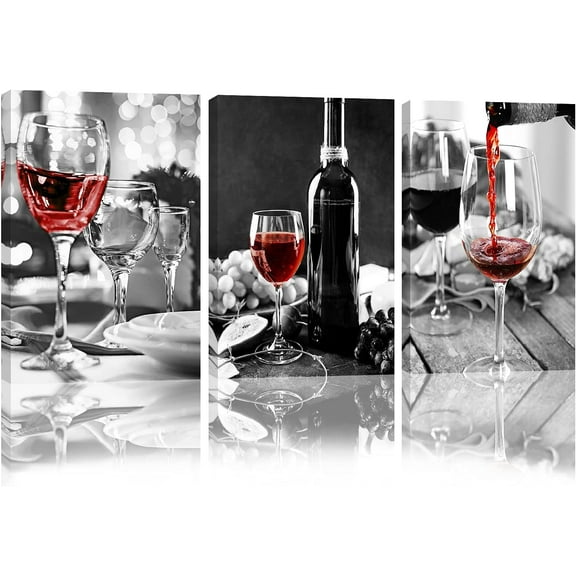 Kitchen Wall Art Dining Room Decor Kitchen Wall Decor Dining Room Decoration Red Wine Glass Framed Abstract Black and White Canvas Wall Art Prints, Yellow, 12inX16inX3(30cmX40cmX3)