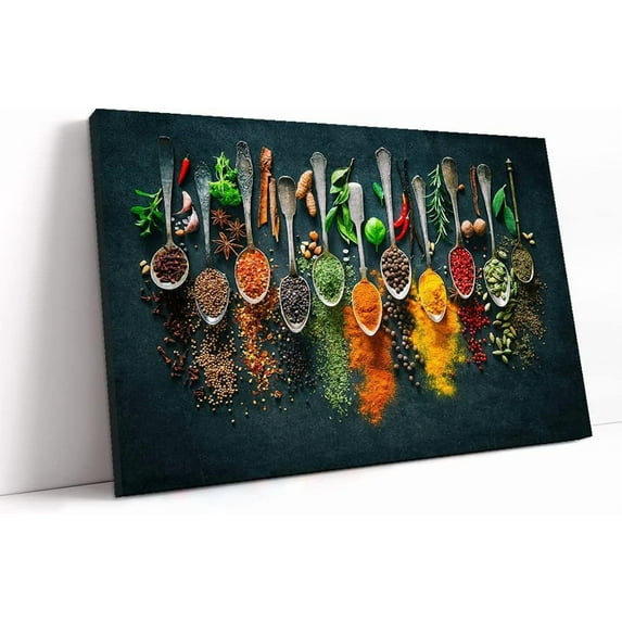 Kitchen Wall Art,Dining Room Wall Decor,Indian Decor,Kitchen Decorations Wall,Colorful Spice in Spoon Vintage Canvas Wall Art Food Photos Painting Framed for Home Decoration Gift 12x16Inches