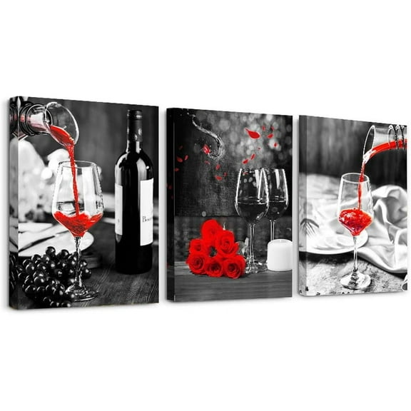 Kitchen Wall Art For Dining Room Wall Decor Still Life Black And White Canvas Art Prints Wine Barrel Bar Red Rose Painting Modern Family Wall Decorations Restaurant Bedroom Decor Artwork 3 Piece Set