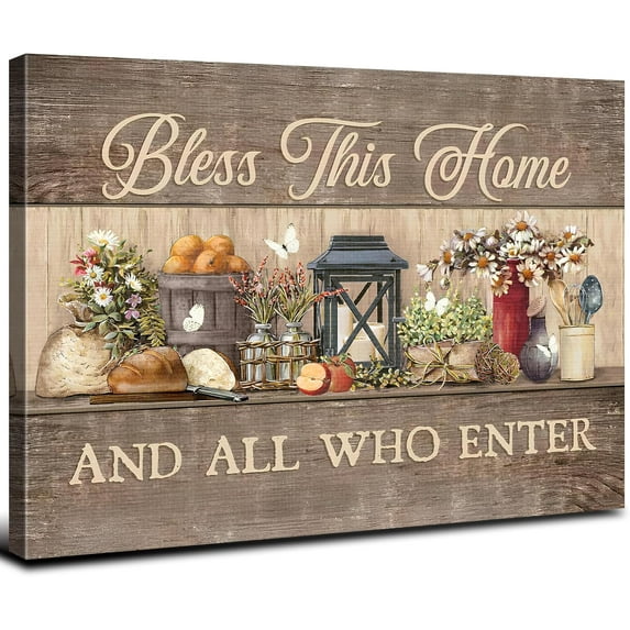 Kitchen Wall Art Farmhouse Brown Bless This Home Picture Wall Decor Daisy Flowers Food Canvas Prints Poster for Dinner Room Rustic Christian Inspirational Artwork Living Room Home Decorations 12x16"