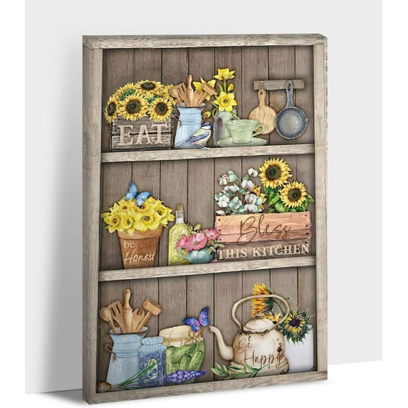Kitchen Wall Art-Farmhouse Canvas Wall Art, Vintage Kitchen Sign Print Picture For Decor Bathroom, Rustic Landscape Painting, Framed Poster Sunflower Artwork For Dining Room Home Wall Decor 12x18 inch