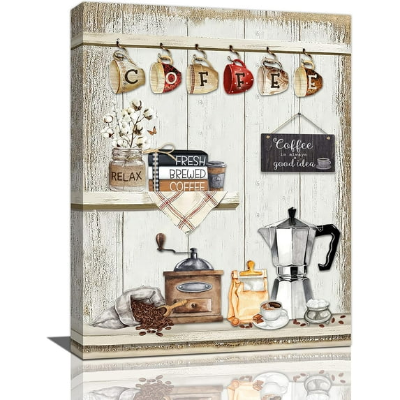 Kitchen Wall Art Farmhouse Coffee Bar Sign Wall Decor Rustic Coffee Station Theme Canvas Pictures Painting Framed Artwork for Cafe Shop Dining Room Ready to Hang 12"x16"