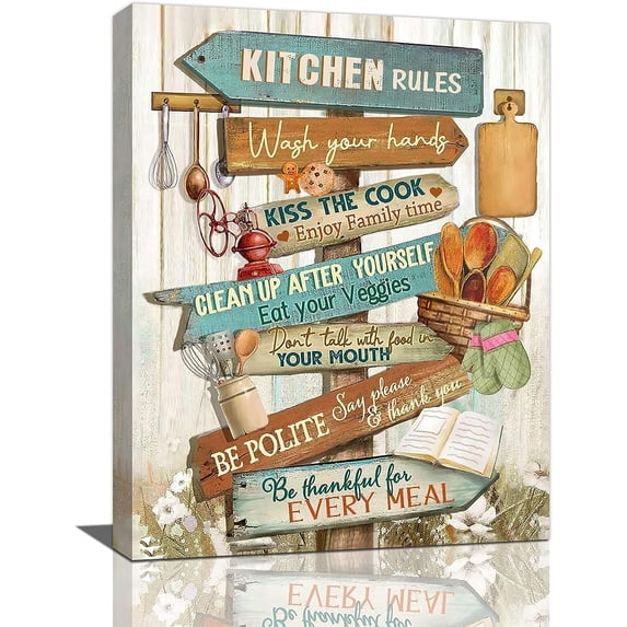 Kitchen Wall Art Farmhouse Kitchen Pictures Wall Decor Rustic Kitchen Rules Kitchen Sign Canvas Prints Painting Modern Home Framed Artwork For Dining Room Restaurant 12"x16"