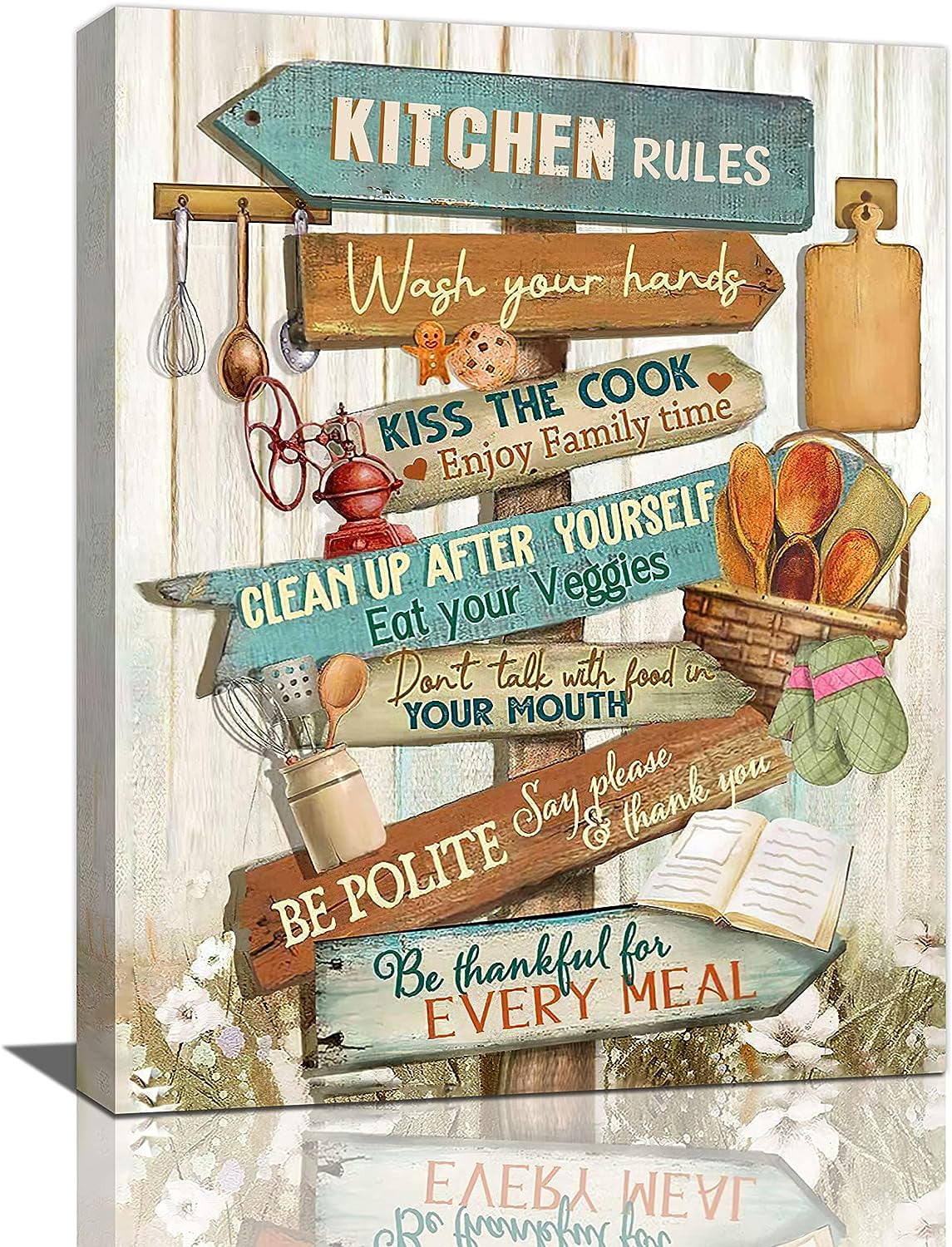 Kitchen Wall Art Farmhouse Kitchen Pictures Wall Decor Rustic Kitchen Rules Kitchen Sign Canvas Prints Painting Modern Home Framed Artwork For Dining Room Restaurant 12"x16"
