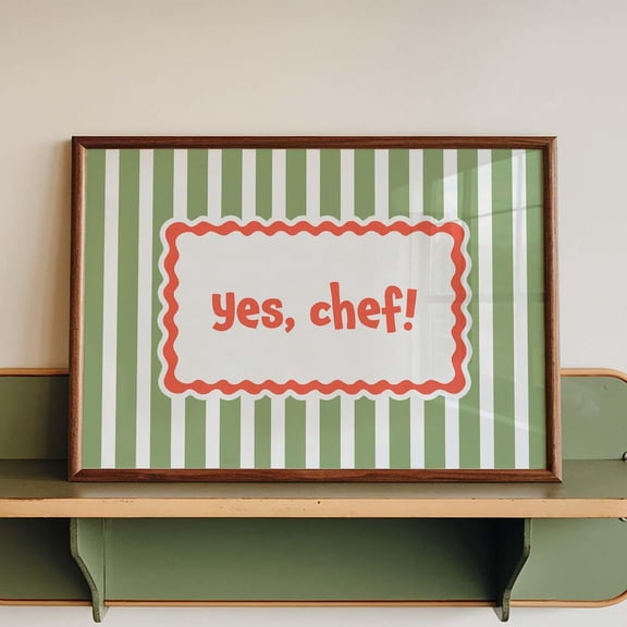 Kitchen Wall Art Print Yes Chef Poster Funny Kitchen Quote Sign Sage Green Striped Retro Kitchen Decor
