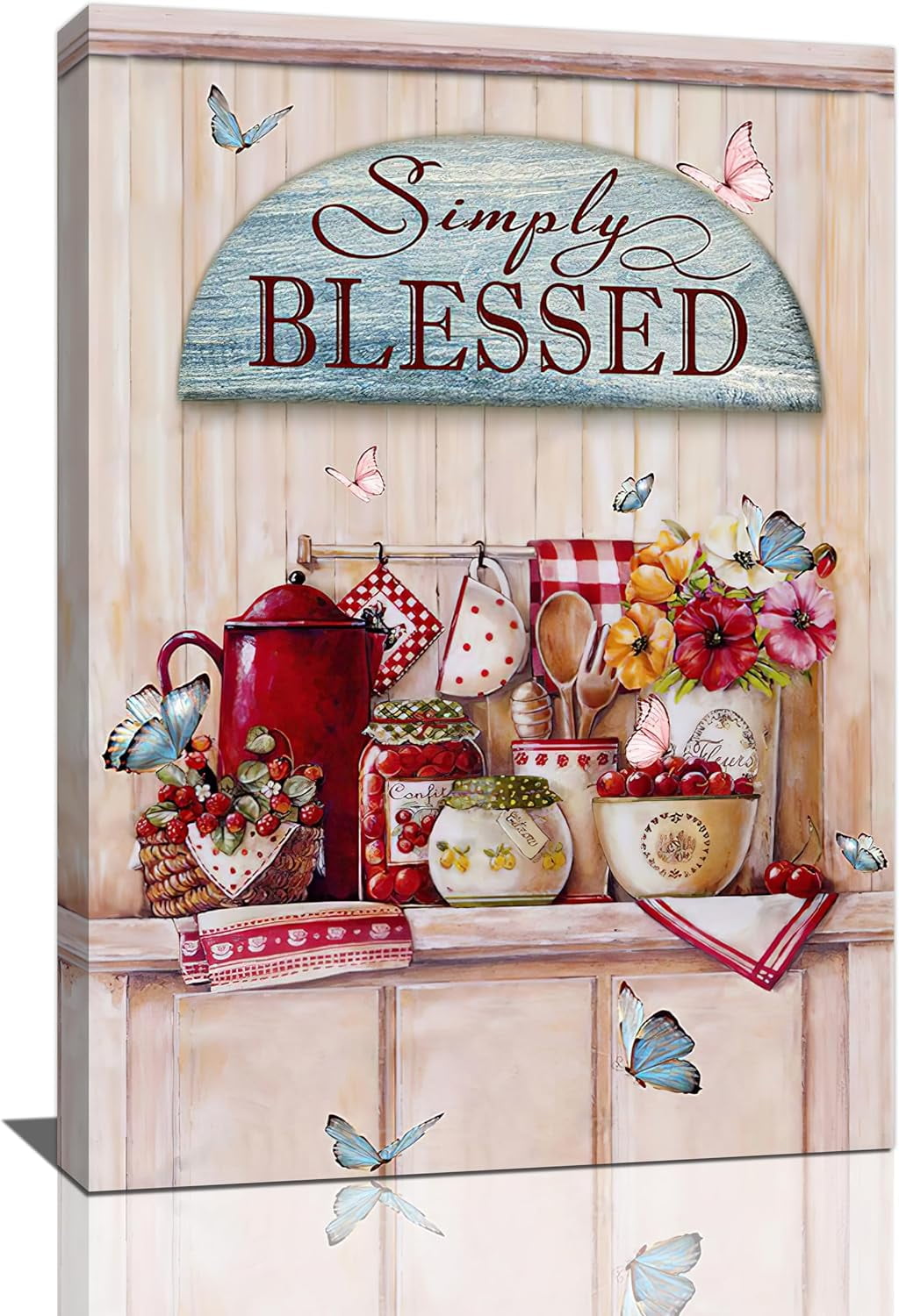 Kitchen Wall Art Rustic Country Kitchen Flower Butterfly Pictures Wall Decor Simply Blessed Canvas Print Painting Framed Modern Home Artwork Decorations 12"x16"