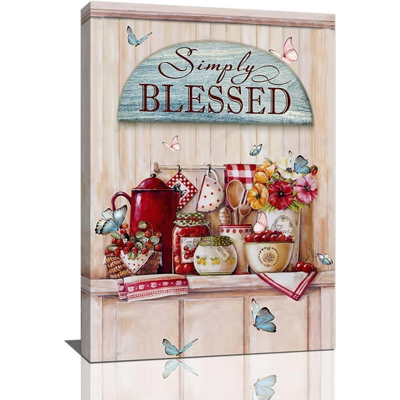 Kitchen Wall Art Rustic Country Kitchen Flower Butterfly Pictures Wall Decor Simply Blessed Canvas Print Painting Framed Modern Home Artwork Decorations 12"x16"