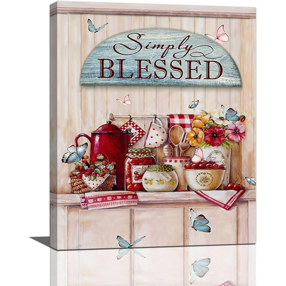 Kitchen Wall Art Rustic Country Kitchen Flower Butterfly Pictures Wall Decor Simply Blessed Canvas Print Painting Framed Modern Home Artwork Decorations 16"x20"