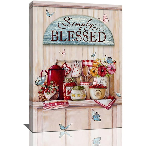 Kitchen Wall Art Rustic Country Kitchen Flower Butterfly Pictures Wall Decor Simply Blessed Canvas Print Painting Framed Modern Home Artwork Decorations 12"x16"