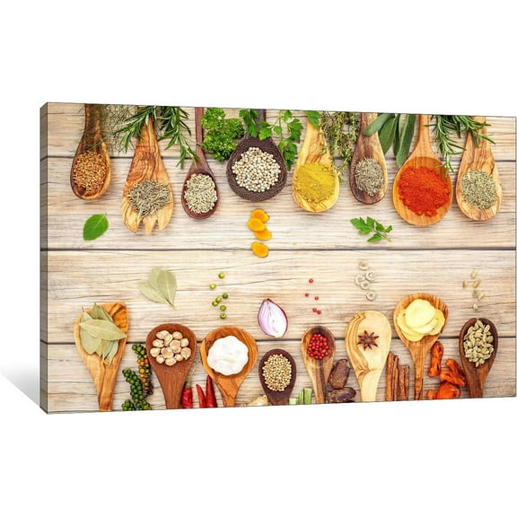 Kitchen Wall Art - Vintage Herbs & Spices Canvas Prints for Kitchen Wall Decor, Colorful Cooking Spices Put on Each Spoon Painting Pictures, Framed Artwork for Home Kitchen Wall Decor (18x12 Inches)