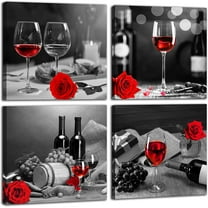 Kitchen Wall-Art - Wine Decor For Kitchen,Black And White Wall Art - Modern Wall Art For Living Room - Red Rose Artwork Gray Cask 4 Framed Canvas Art 14x14 Inches
