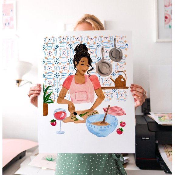 Kitchen Wall Art: Woman Cooking - Hand Painted, Summer Vibes Poster Art Print Home Decor, Unframed Poster Size 12x18 F03.1.20l558