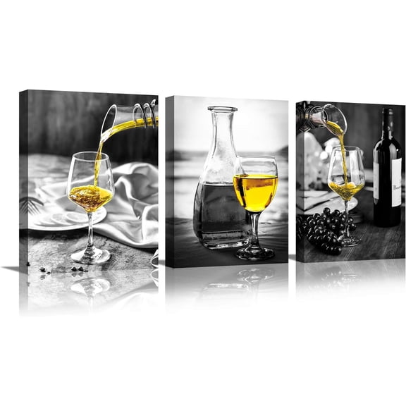 Kitchen Wall Art for Dining Room,Wine Painting Artwork Poster Black White Canvas yellow Wine In Cups Pictures For Home Decorations