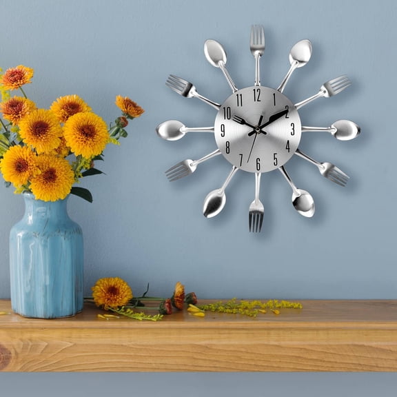 Kitchen Wall Clock, 3D Modern Creative Cutlery Spoon Fork Wall Clock, Silent Non-Ticking Battery Operated, Silver Mirror Wall Decor for Home Living Room Kitchen, Nice Housewarming Gifts