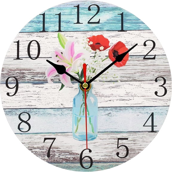 Kitchen Wall Clock 8 Inch Battery Operated Vintage Round Wooden Wall Clocks Classic Flowers in Glass Bottle Style Pattern Art Decor Silent Wall Clock for Home Office Decoration
