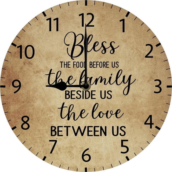 Kitchen Wall Clock Bless The Food Before Us Home Decor 10 Inch Silent Battery Operated Wood Clocks for Dining Room Family Room Non Ticking Easy to Read