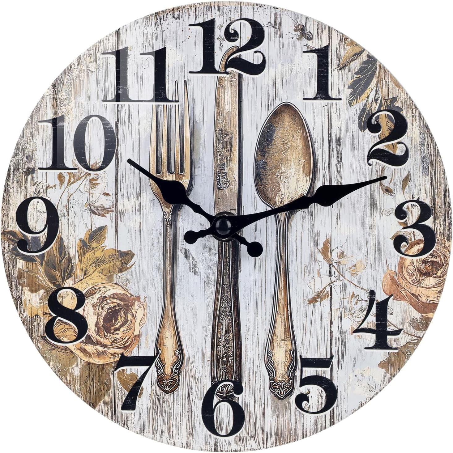 Kitchen Wall Clock Fork & Spoon Cutlery Theme Rustic Modern Farmhouse Decor Glass Clock for Kitchen, Dining Room - 8 Inch, Battery Operated