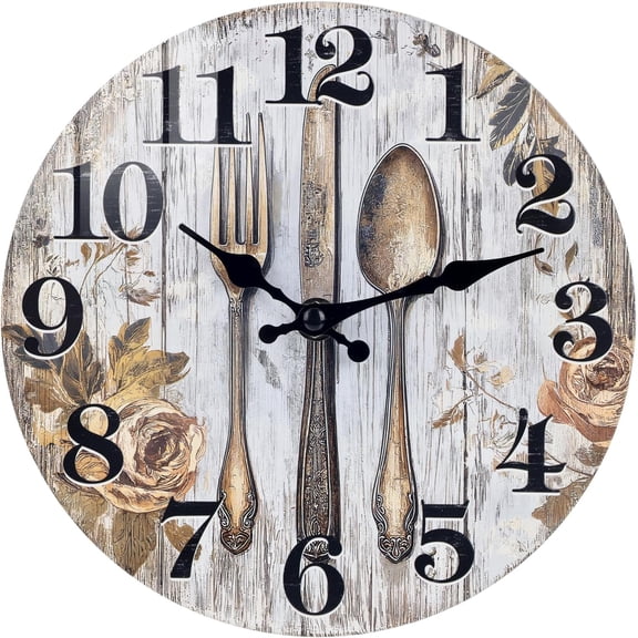 Kitchen Wall Clock Fork & Spoon Cutlery Theme Rustic Modern Farmhouse Decor Glass Clock for Kitchen, Dining Room - 8 Inch, Battery Operated