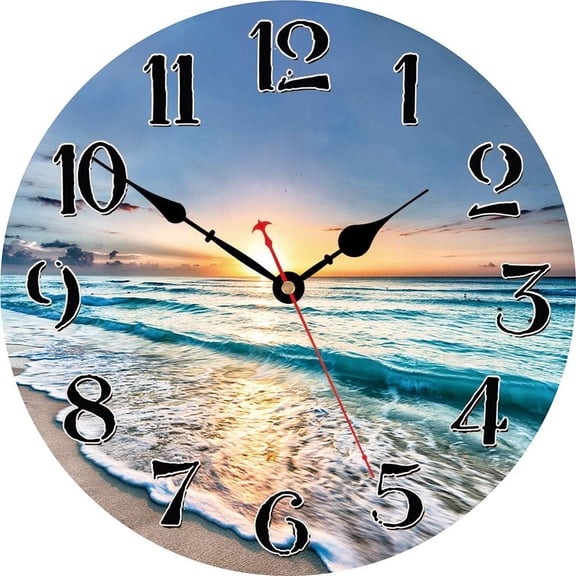 Kitchen Wall Clock - Home Decorative Wall Clock,12 Inch Silent Non-Ticking Quartz Battery Operated Clock, Easy to Read Round Arabic Numerals Ocean Wave Pattern Wooden Wall Clocks
