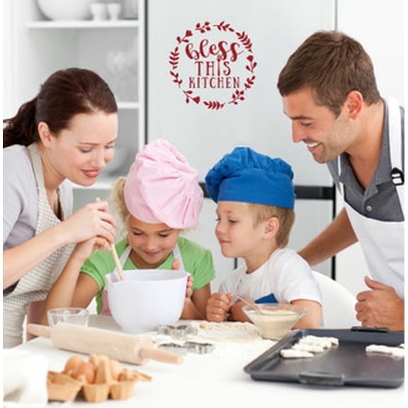 Kitchen Wall Decals Bless This Kitchen Words in Circle Wreath Art - Family Kitchen Wall Art Decor - Dining Room Quotes- Home Decor Decal Sticker Saying 12x12-Inch Red